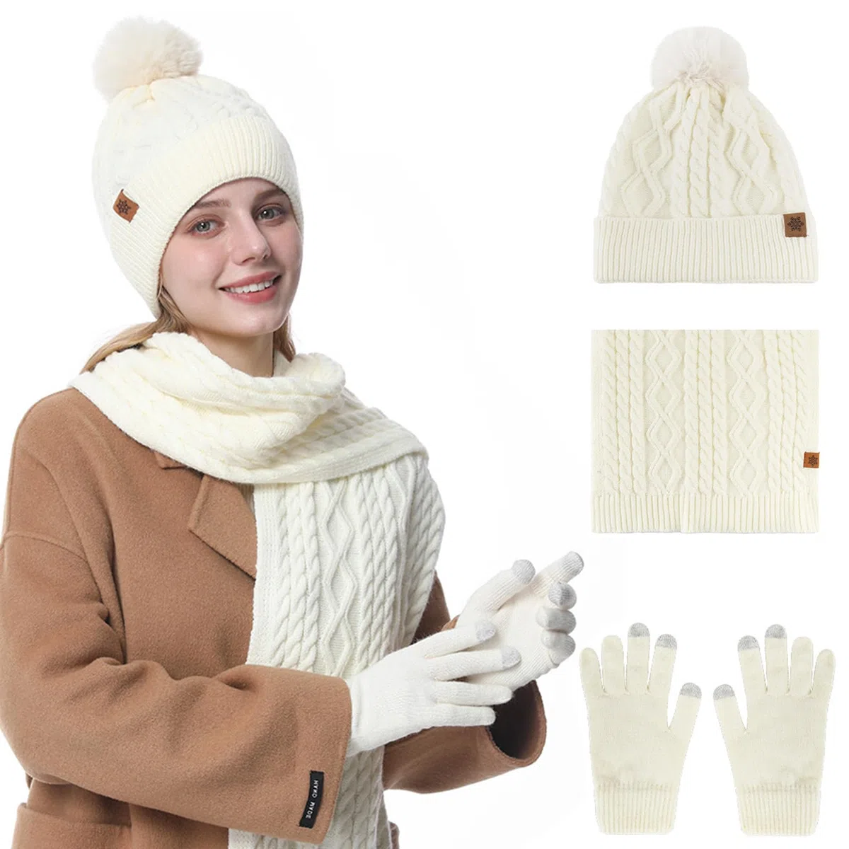 Oneshlee Berretto invernale con touch screen e sciarpa lunga per donna, berretto lavorato a maglia da donna, con palla di peluche, caldo berretto invernale, guanti a maglia, sciarpa, berretto 3 in 1,