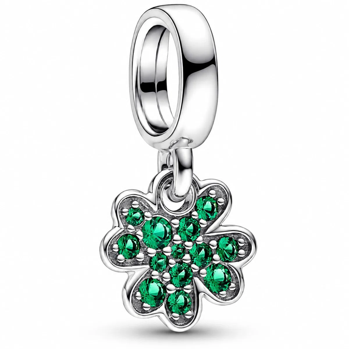 Bracciale Morbido Clip e Charm Bead Quadrifoglio Verde con Zirconi Compatibile con Tutte le Marche Originale Pendente in Argento