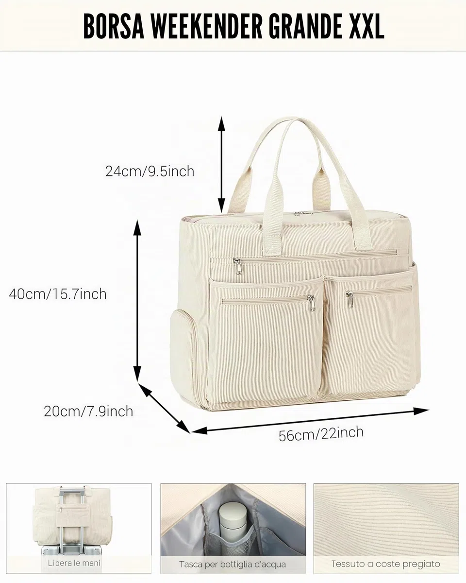 Makukke Borsa Da Spiaggia XXL, Beach Bag Grande con Scomparto, Weekender da Donna Pieghevole e Ultraleggera con Cerniera per Viaggi Vacanze Palestra (Grigio-Velluto a Coste)
