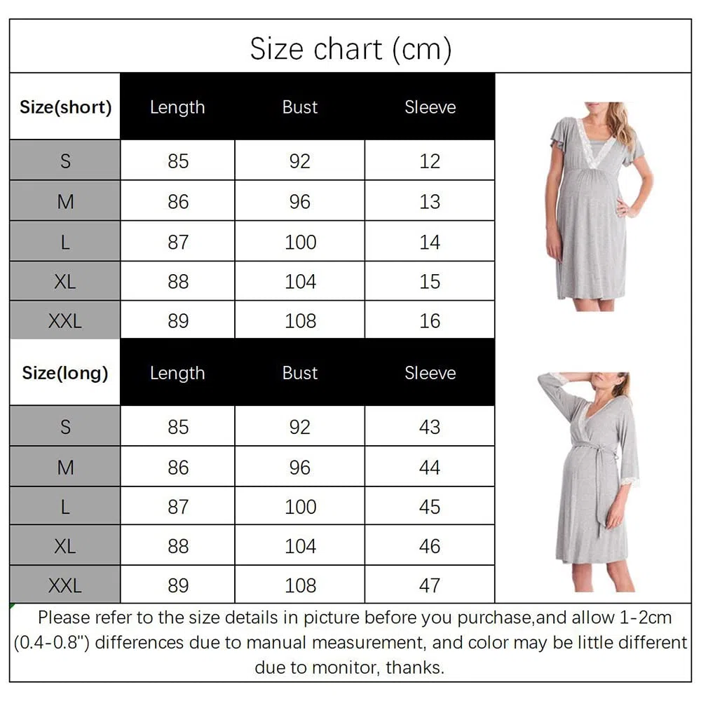Bysion Donna Set Vestaglia e Camicia Cotone Allattamento Premaman Elegante Scollo a V Pizzo Vestito Pigiami Casa Casual Comodo - Pacco da 2