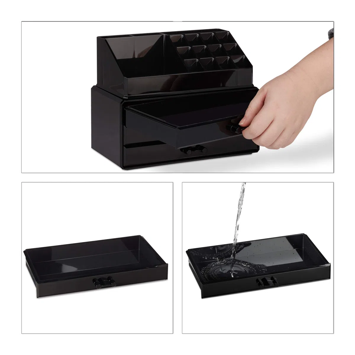 Relaxdays Portatrucchi, 2 Organizer Combinabili, Portaoggetti per Cosmetici con Cassetti, Multiuso, Versatile, Nero