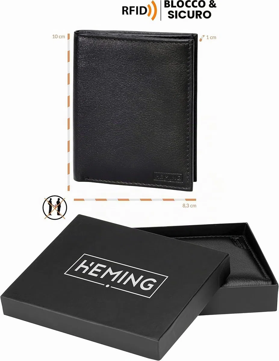 HEMING Portafoglio uomo slim nero - 100% pelle - piccolo sottile - Porta soldi e carte di credito - Portacarte - compatto