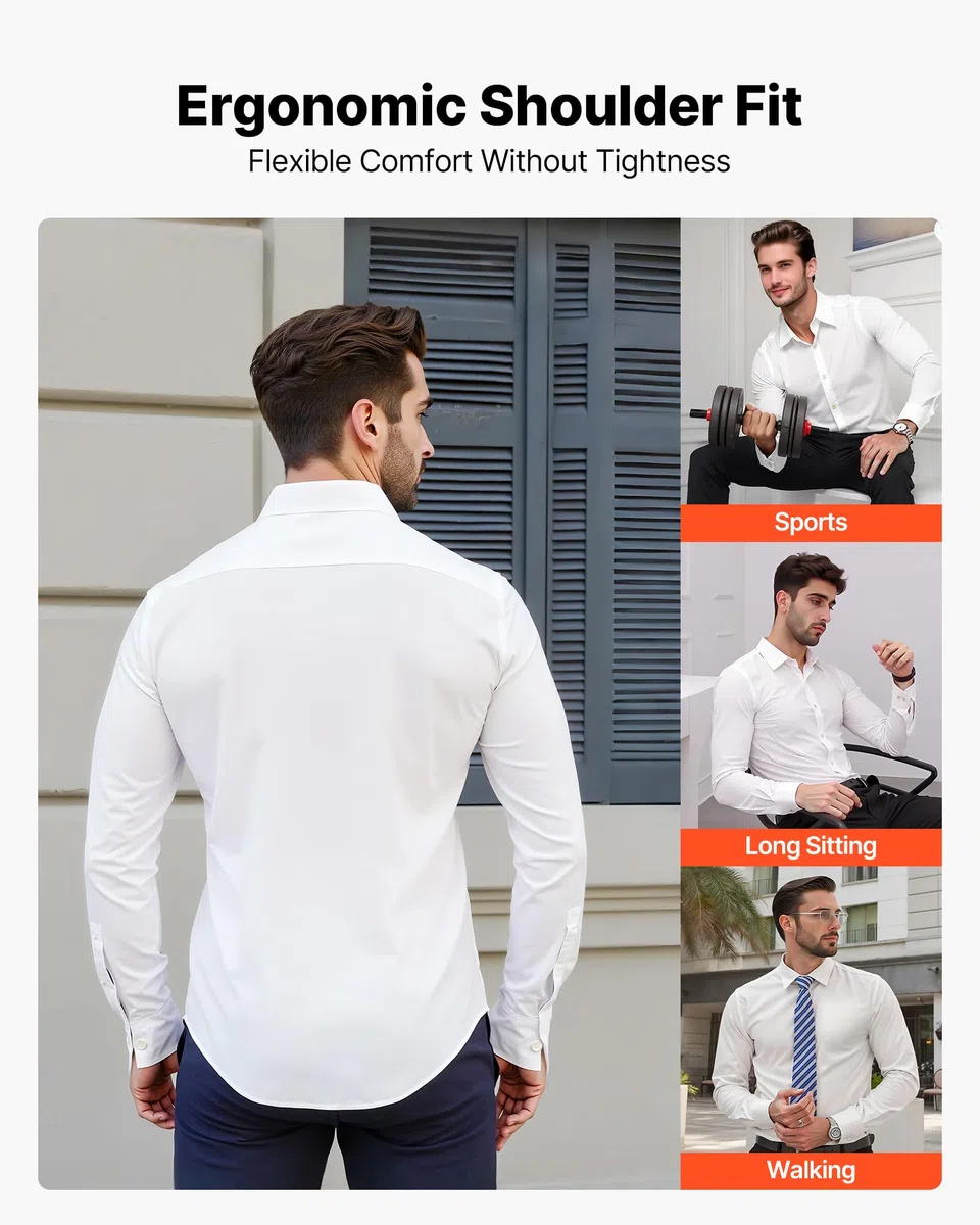 VEVOR Camicia da Uomo con Bottoni, Maniche Lunghe Antipiega, vestibilità Slim Fit in Tessuto Morbido ed Elasticizzato per Abbigliamento Casual o Formale da Lavoro, Lavoro, Matrimonio, Cena, Bianco