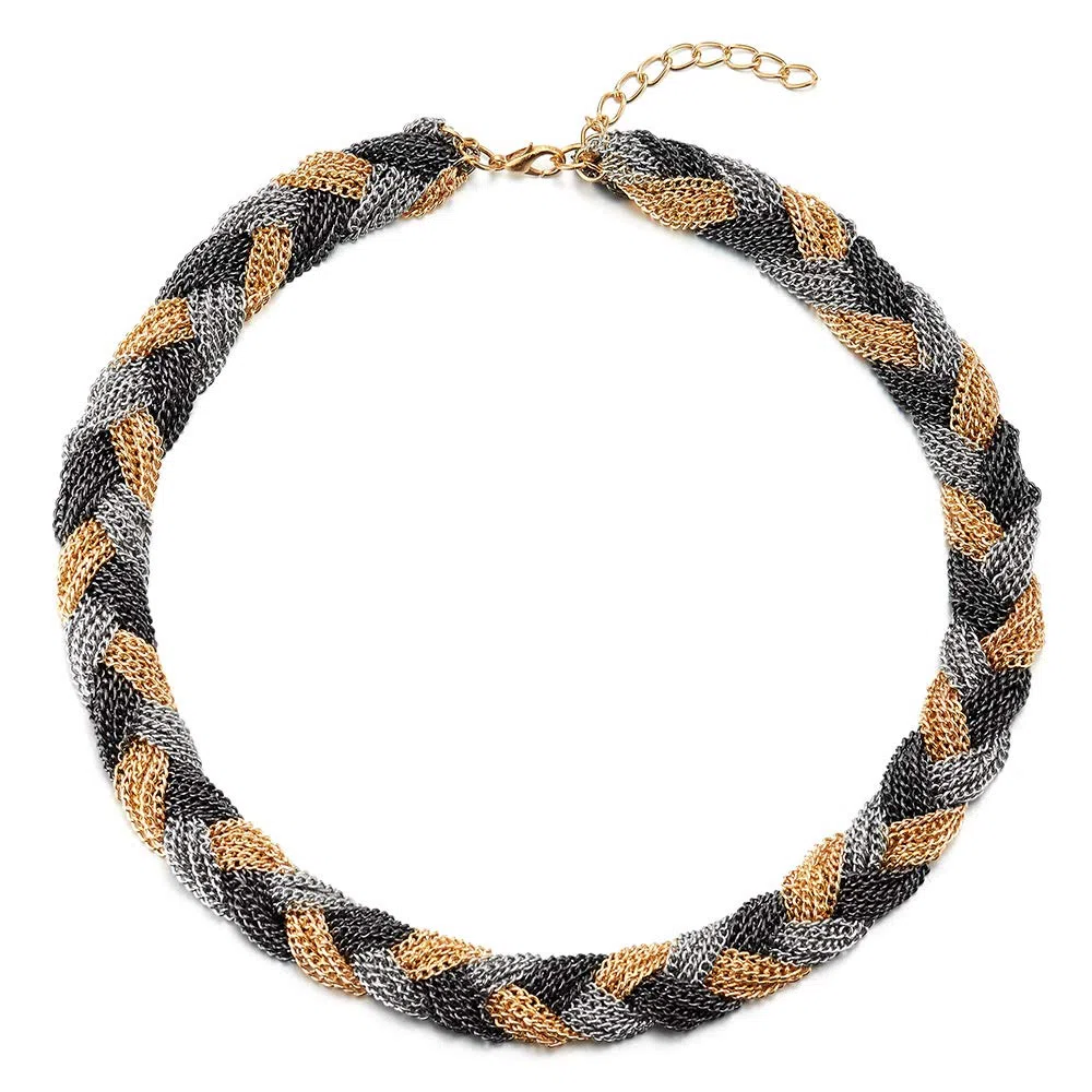 Unico Argento Grigio Nero Oro Statement Pendente Collana Multi Strati Intrecciato Catena Girocollo Choker, Festa