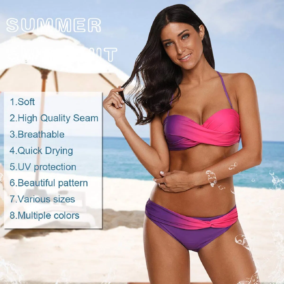 Tuopuda Costume da Bagno Donna Bandeau Bikini Set Push Up Imbottito Costumi Mare Due Pezzi Brasiliana Bikini Gradient Color Spiaggia Swimwear Sexy Top Triangolo Reggiseno con Slip Vita Bassa