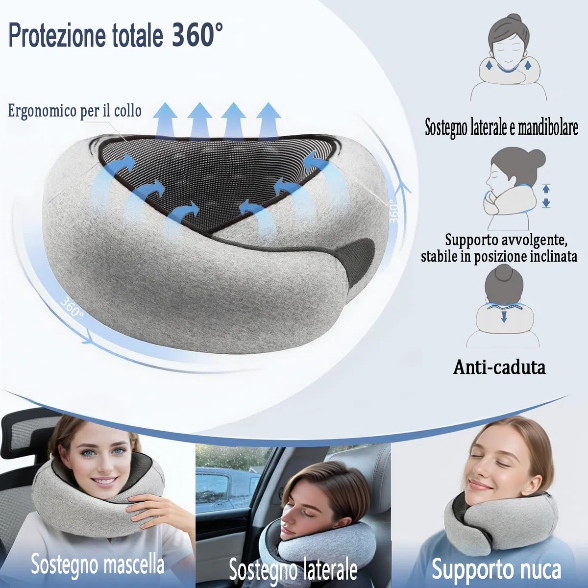 Cuscino da Viaggio Memory Foam con Cappuccio Regolabile | Cervicale Ergonomico 360° Aereo Treno Auto Ufficio | Federa Lavabile - Incluso Custodia e Tappi (Grigio Chiaro)
