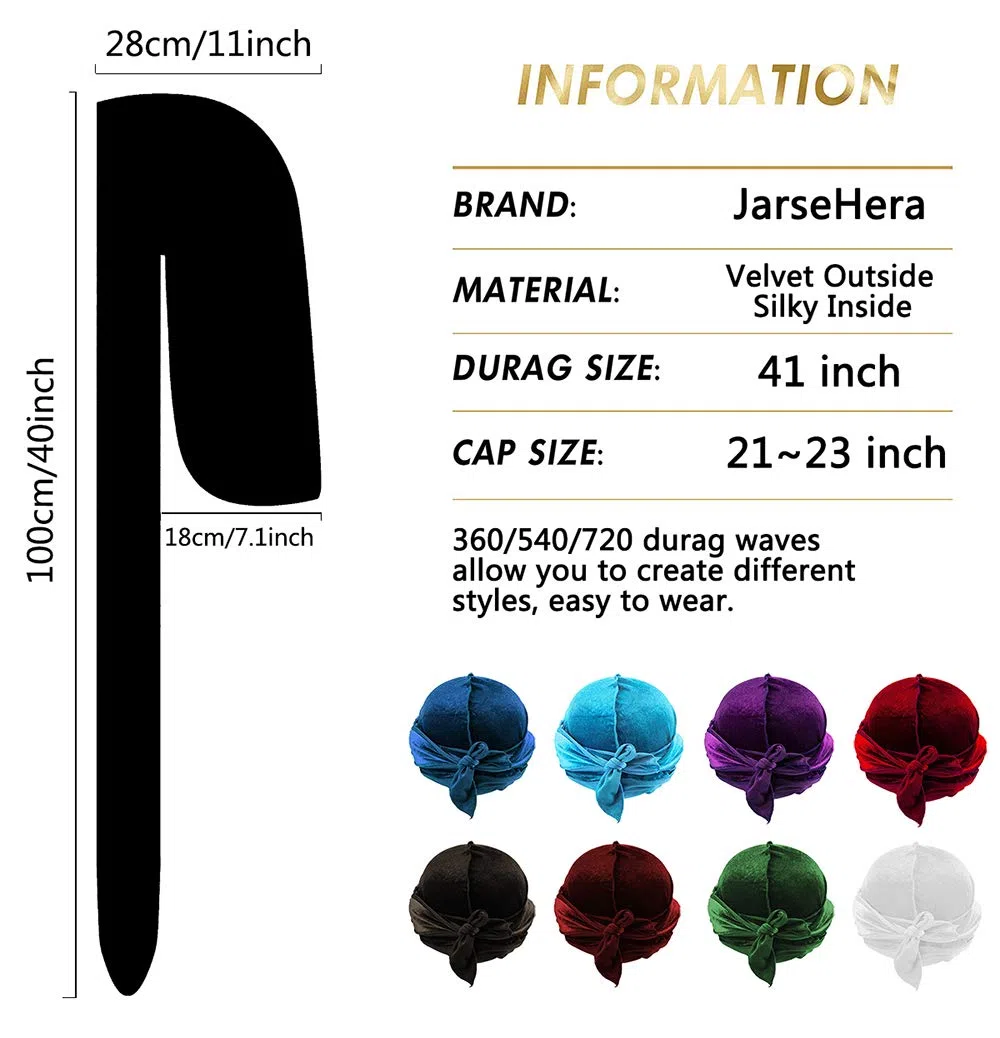 Velluto Durags per Uomini Onde 2/4 Paia Extra Lungo Coda Du-rag Più Colori Du Stracci per Onde per Onde