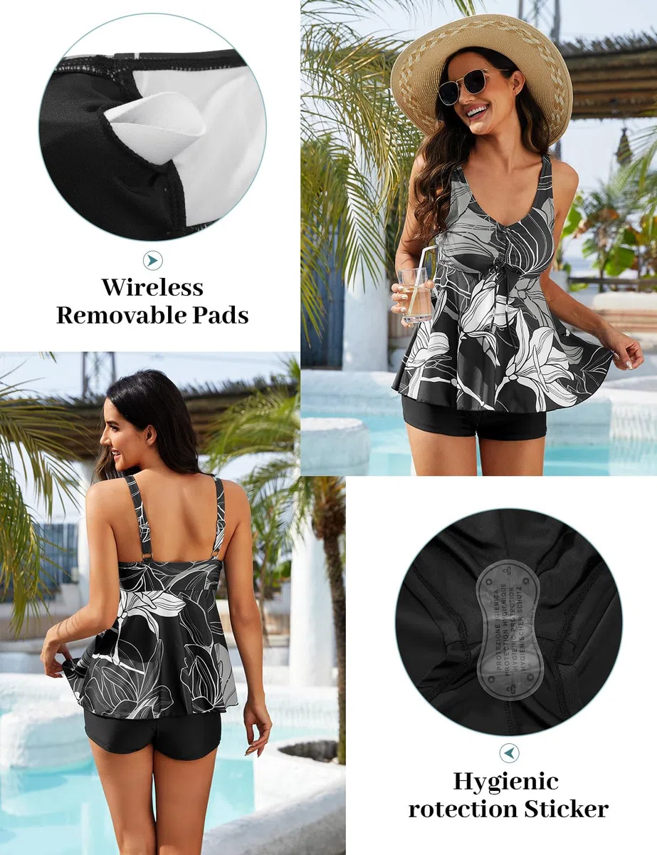 Nadeer Costume da Bagno Donna Due Pezzi Sexy Tankini Set Scollo a V Coulisse Push up Costumi da Mare Stampa Floreale con Pantaloncino