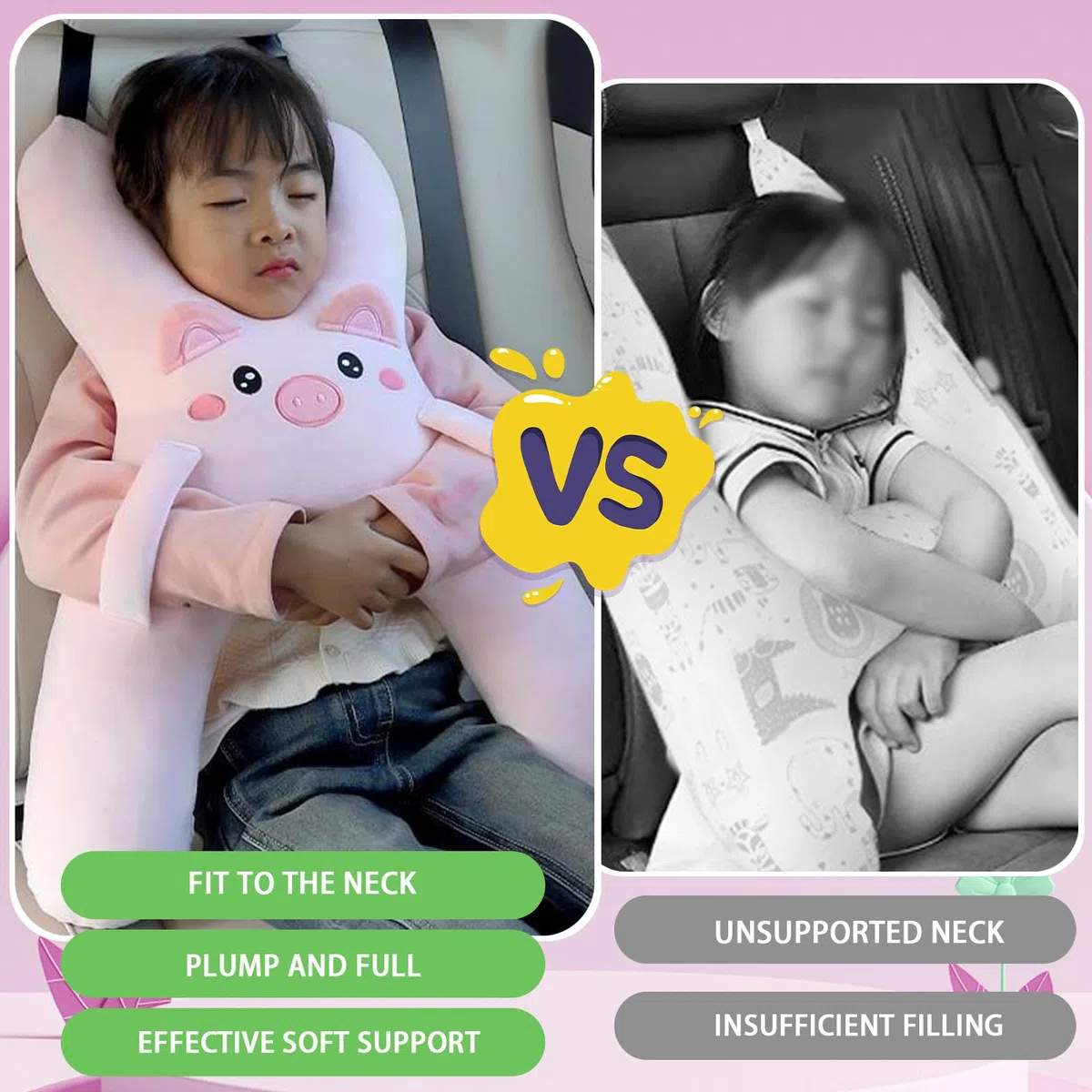 Cuscino a forma di H, per auto, bambini, per bambini, per il sonno, adatto per viaggi, auto, aereo, treno, semovente (rosa)