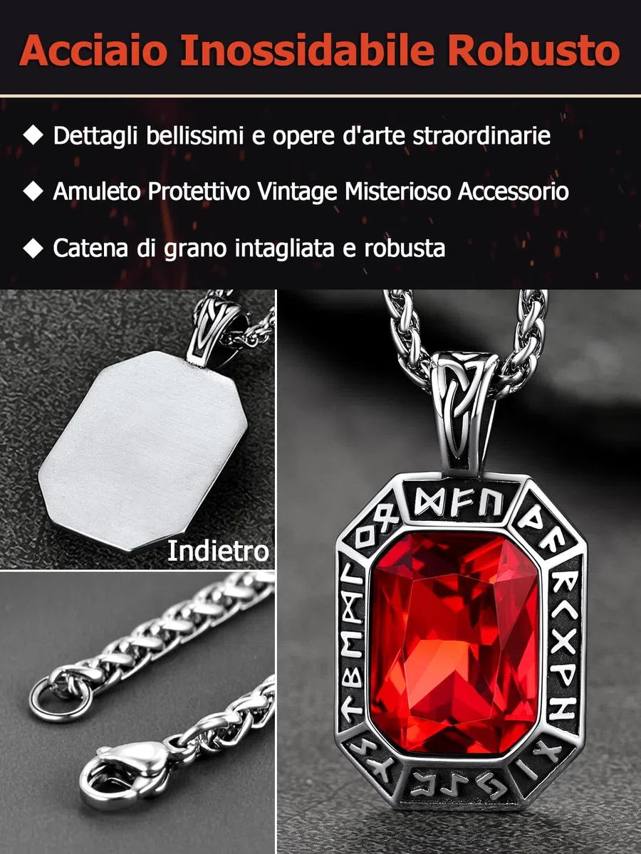 FaithHeart Collana Uomo Vichingo Pendentivo in Ottagono Cristallo Rosso Smeraldo Ossidiana con Rune Vichinghe Accessorio Moda Unico Perfetto per Regalo Stile Personale