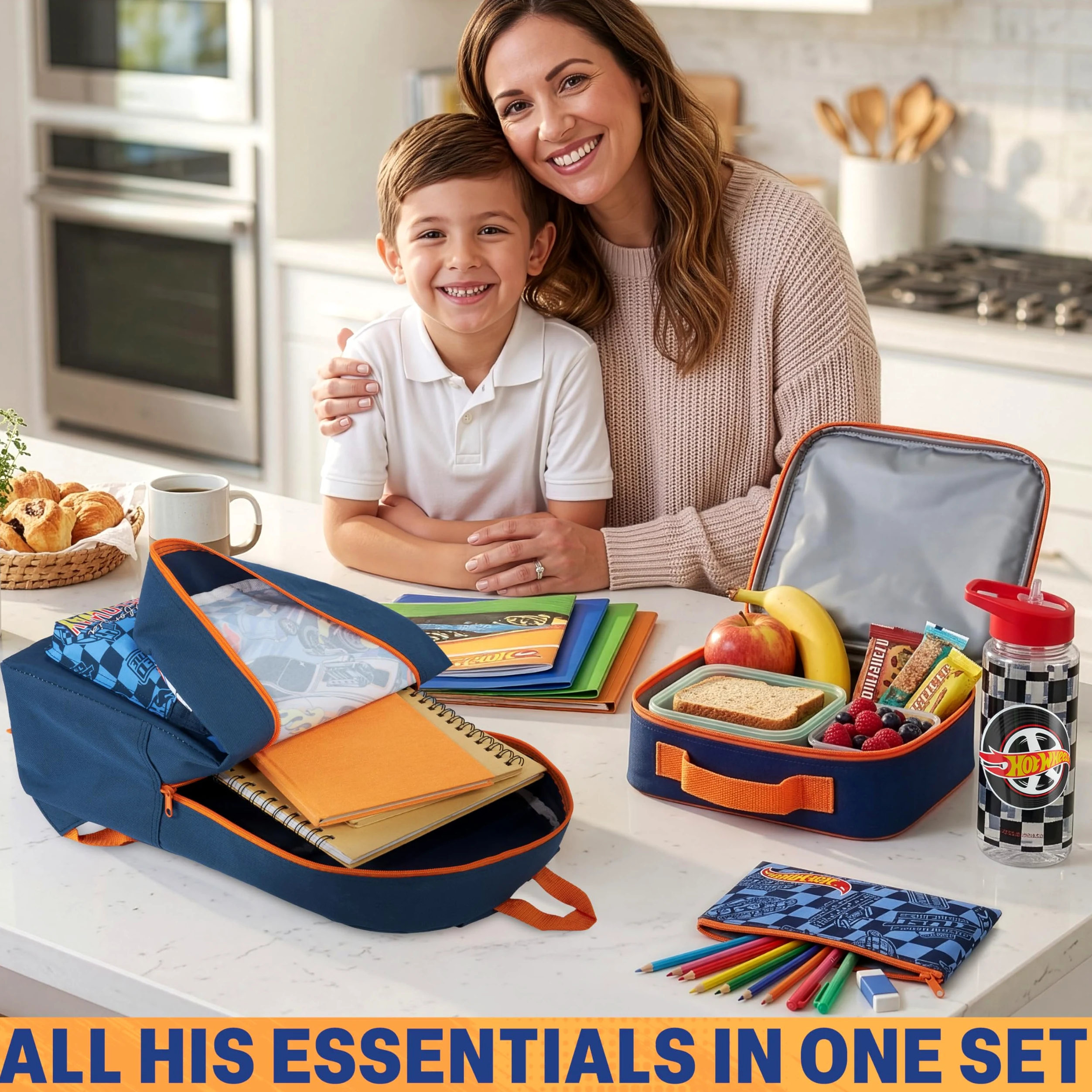 Get Trend Hot Wheels 4 Pezzi Zaino Ragazzo Set per Scuola con Borsa Termica Porta Pranzo, Borraccia 500 ml Senza BPA e Astuccio (Multi Hot Wheels)