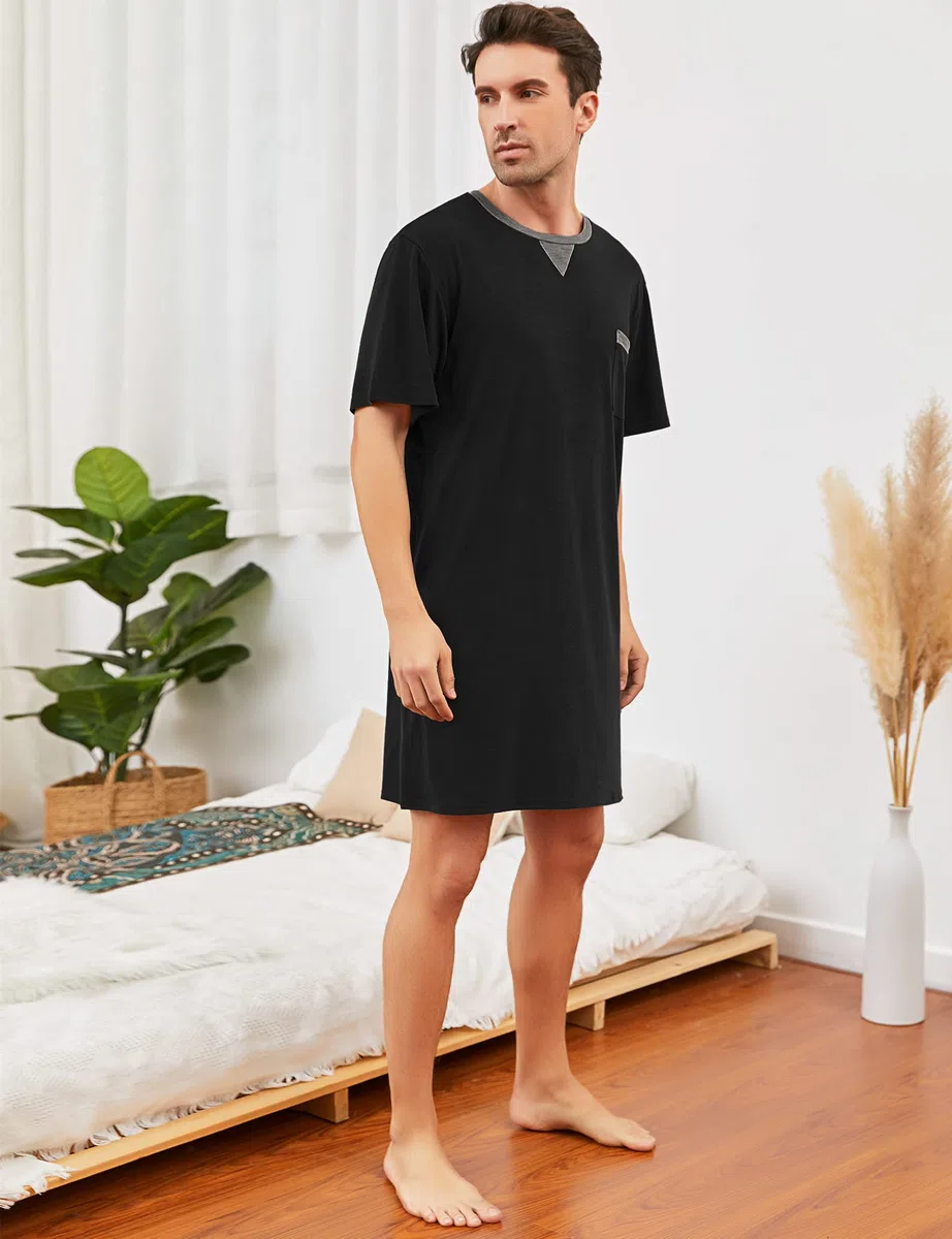 Maglie Pigiama Uomo Maniche Corte Abbigliamento da Notte Cotone Camicie Lunghe per Dormire