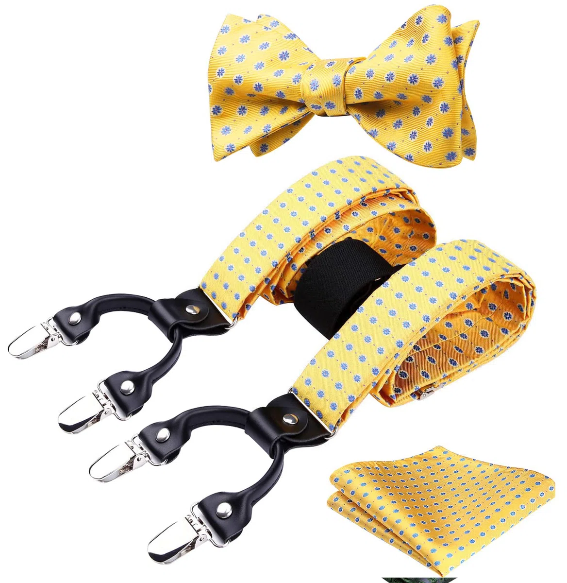 HISDERN Paisley Bretelle per uomo con molto forte 6 clip Bretelle Heavy Duty Bretelle regolabili in stile Y Papillon e fazzoletto da taschino Set