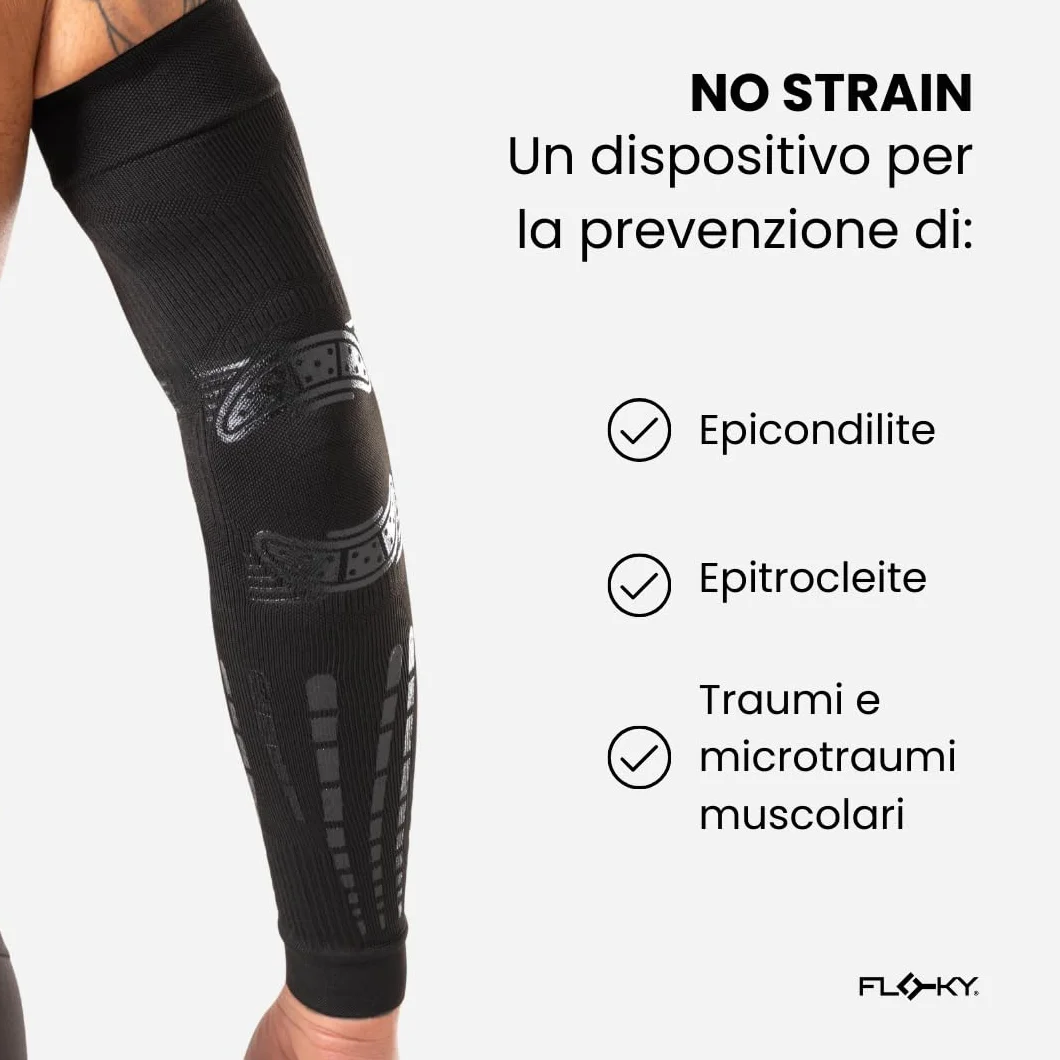 FLOKY 1pz Manicotto No Strain Evolution Multisport. Tennis Padel Basket. Riduce Vibrazioni, sostiene Gomito e avambraccio. Manicotto a Compressione, stabilizza tendini Muscoli