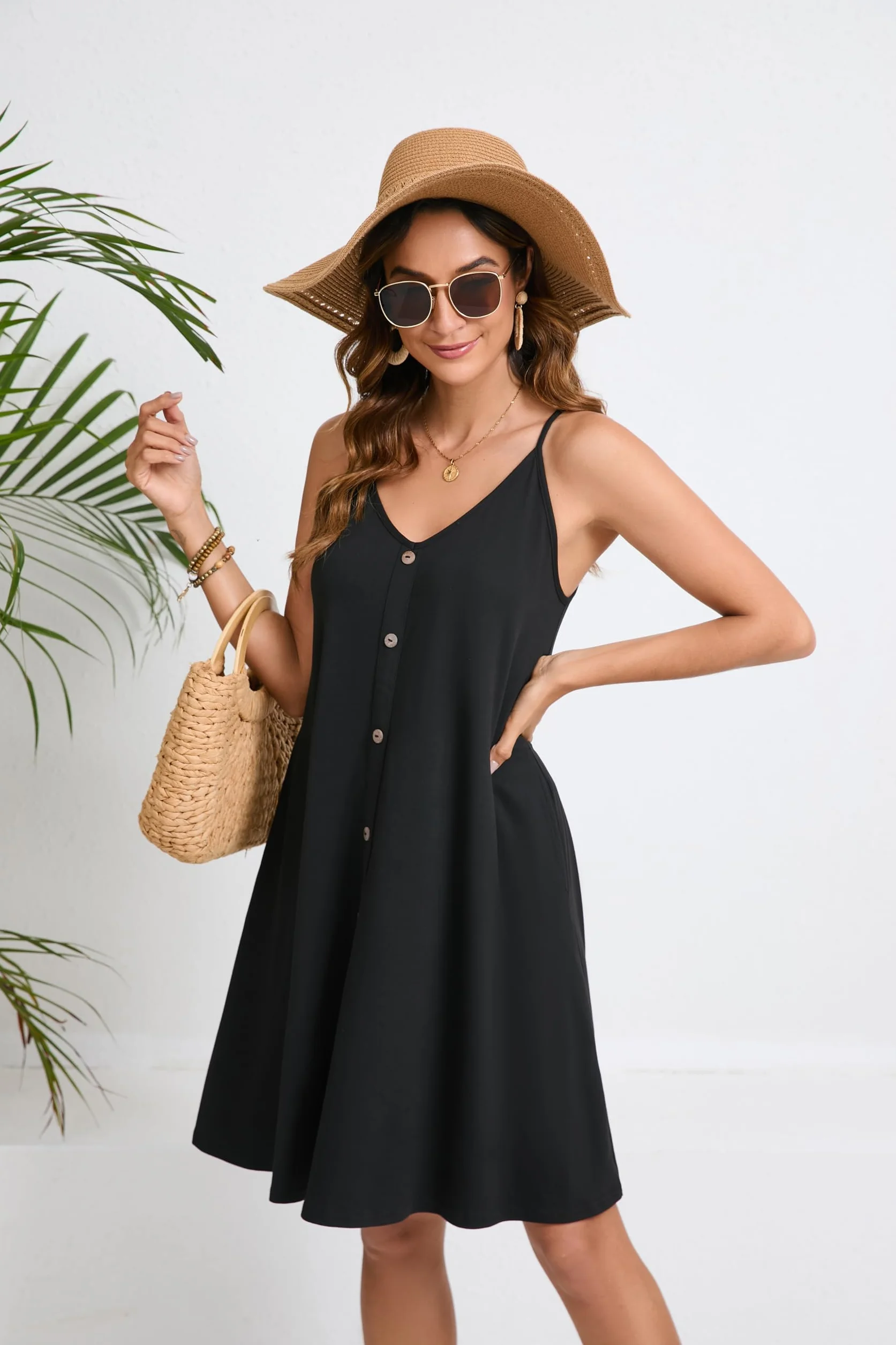 Enmain Abito Estivo da Donna Casual Floreale Cinturino per Spaghetti Senza Maniche Abiti Estivi Vestito Scollo a V con Tasche per Spiaggia Hawaii S-XXL