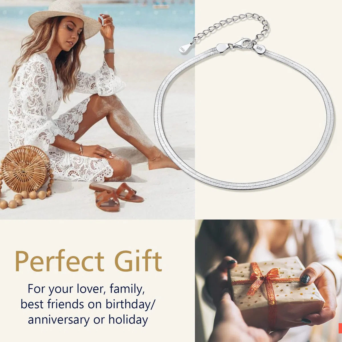 FindChic Cavigliera da uomo e da donna in argento sterling 925 a catenina, cavigliera a catena regolabile argento gioielli d'estate spiaggia vacanze estive