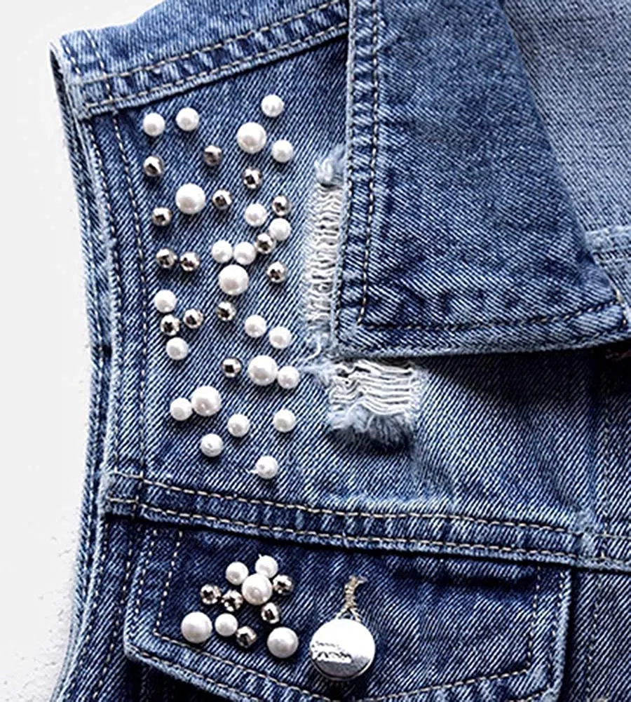 Lazutom Gilet da donna senza maniche in denim con perle e perline
