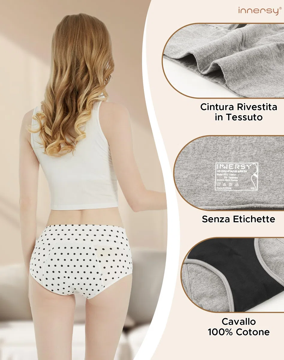 INNERSY Mutande Assorbenti Donna Vita Alta Slip Cotone Ciclo Mestruale Intimo Post Parto Pacco da 3