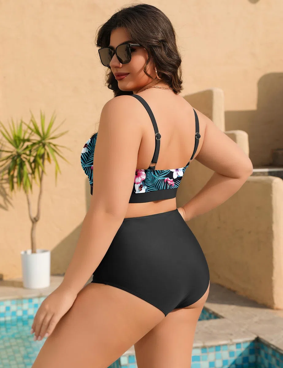 Tuopuda Costume Donna Due Pezzi Taglie Forti Push Up Imbottito Reggiseno Costumi da Bagno Bikini Mare a Spiaggia Piscina Curvy Swimwear Regolabile M-4XL