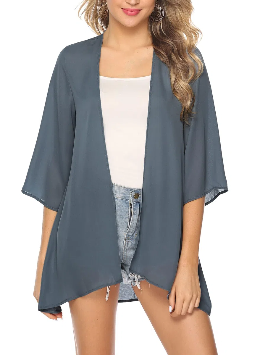 Irevial Cardigan Donna Chiffon Kimono Estivo Elegante Copricostume Mare Maniche a 3/4 a Tinta Unita Leggero Bluse Top per Spiaggia Party Vacanze