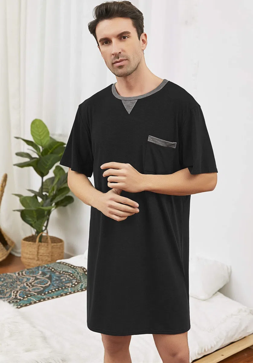Maglie Pigiama Uomo Maniche Corte Abbigliamento da Notte Cotone Camicie Lunghe per Dormire