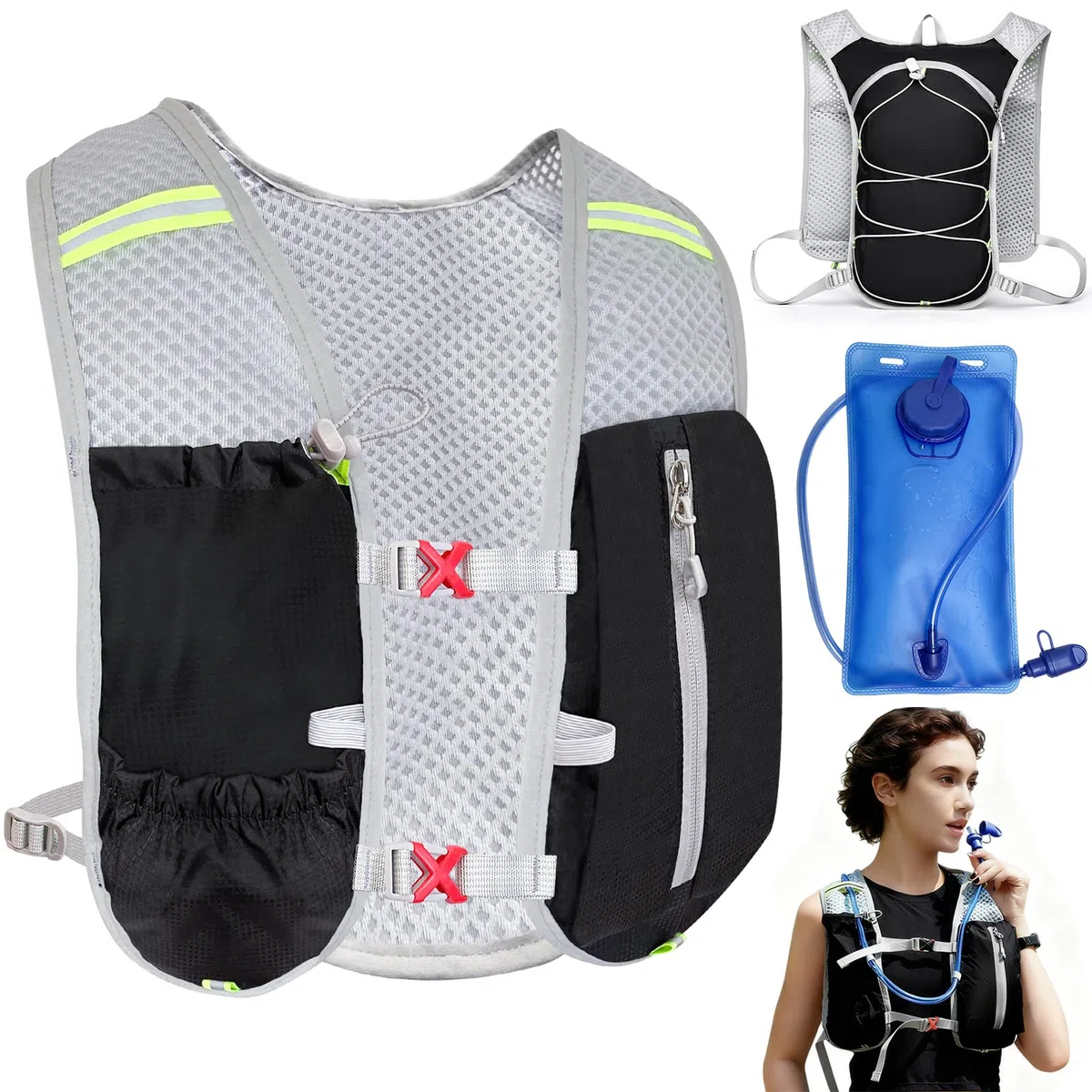 Gilet da corsa per donne e uomini, leggero, con sacca d'acqua da 2 l, per escursionismo, corsa, jogging, ciclismo, corsa, maratona, nero