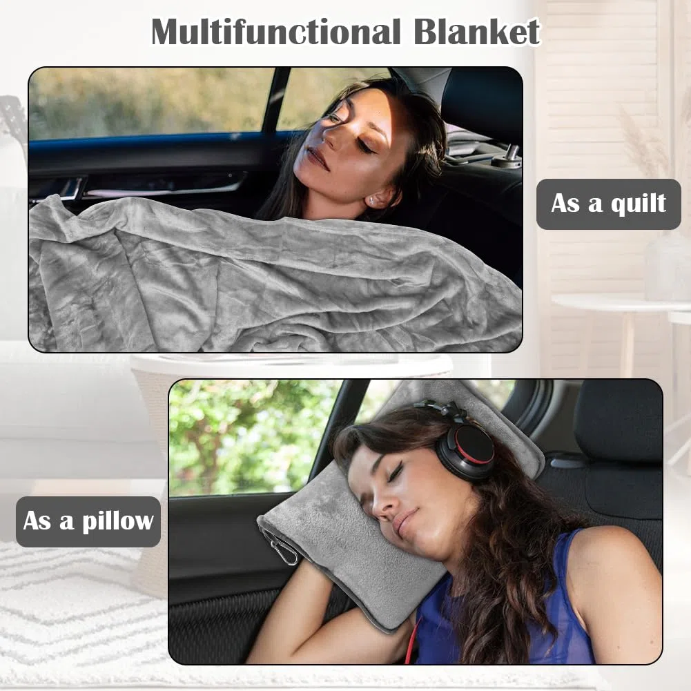 2 in 1, coperta da viaggio e cuscino da viaggio con chiusura lampo, multifunzione, morbida e calda, coperta da aereo, coperta compatta per aereo, auto, ufficio, 127 x 152 cm (grigio B)