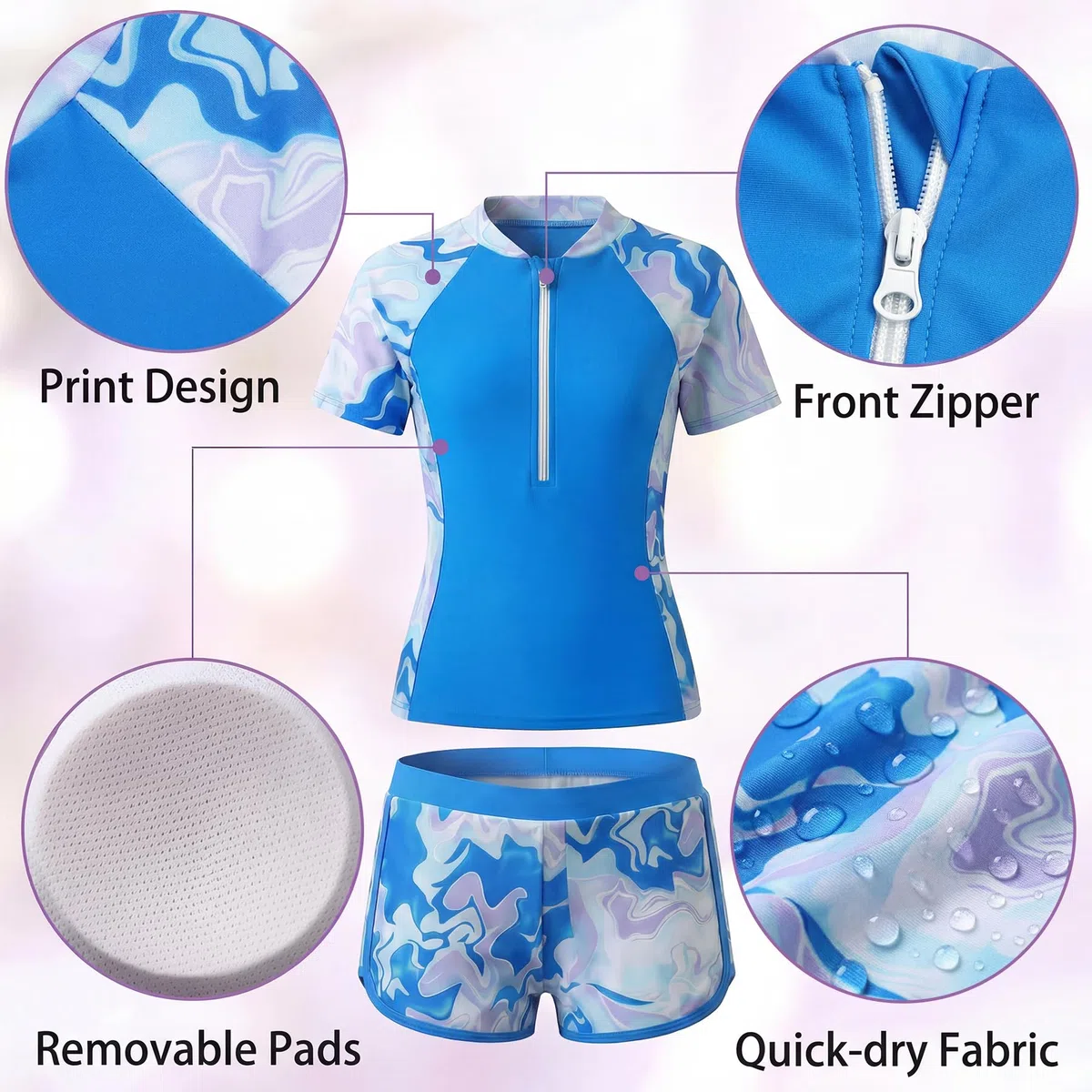 Costume da Bagno Ragazze 2 Pezzi a Manica Corta con Zip e Pantaloncini Morbidi, Stampa Floreale Rash Guard Protezione Solare Costume Piscina Spiaggia Nuoto per Bambini 5-14 Anni