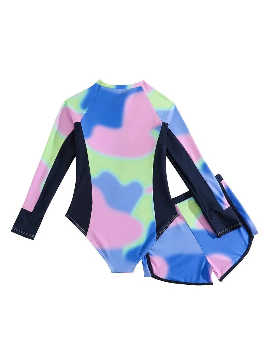 JiAmy Costume da Bagno Ragazza 2 Pezzi - Maglia Manica Lunga Anti-UV con Pantaloncini, Stampa Tie-Dye per Adolescenti 8-13 Anni