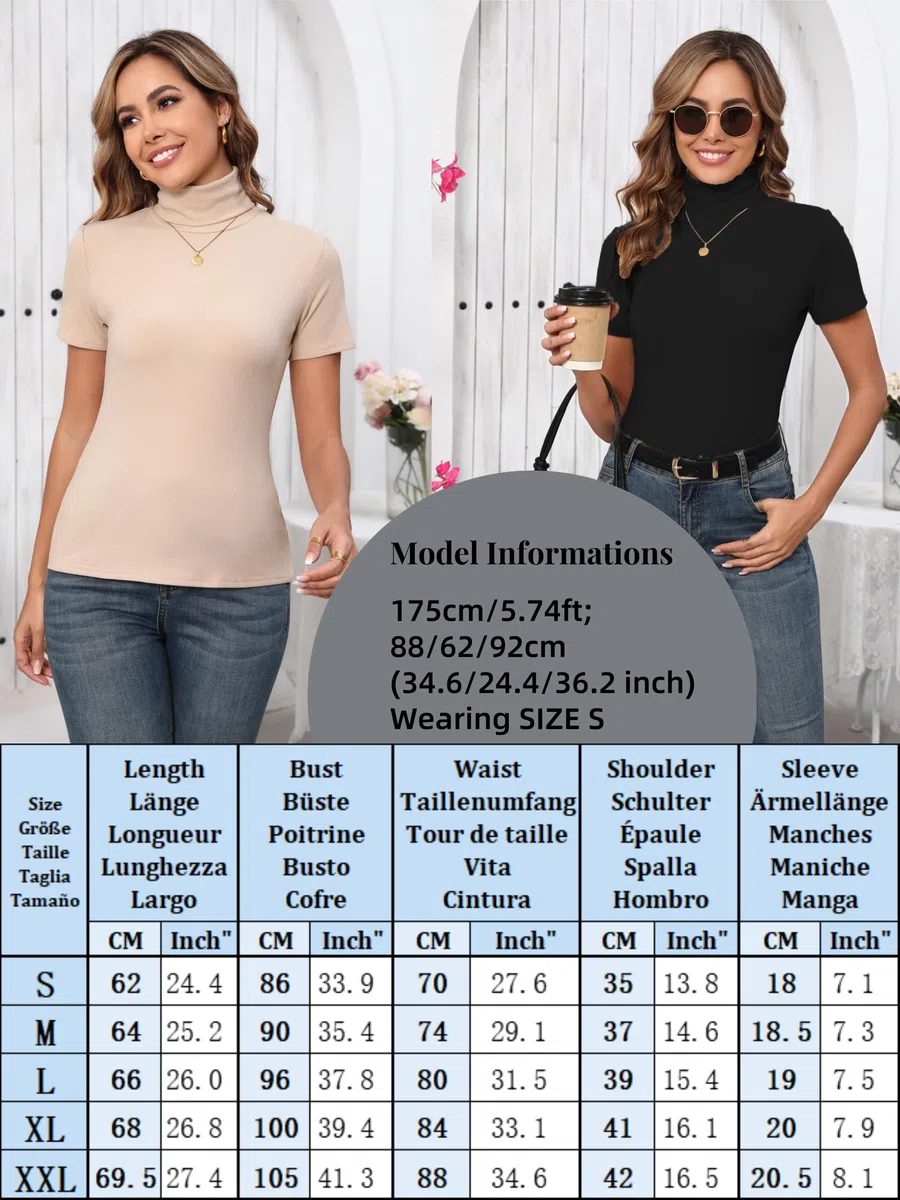 Enjoyoself Maglione Maniche Corte in Cotone Collo Alto Pullover Elegante a Maglieria