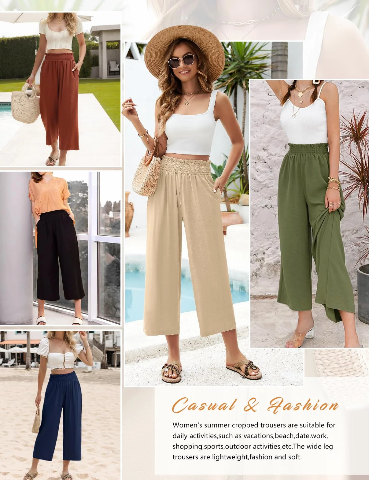 Pantaloni Lino Donna Estivi Leggeri Pantaloni Larghi Cotone e Lino Elastici in Vita 7/8 Pantaloni a Gamba Eleganti Casual Allentati Comodi Pants con Tasche