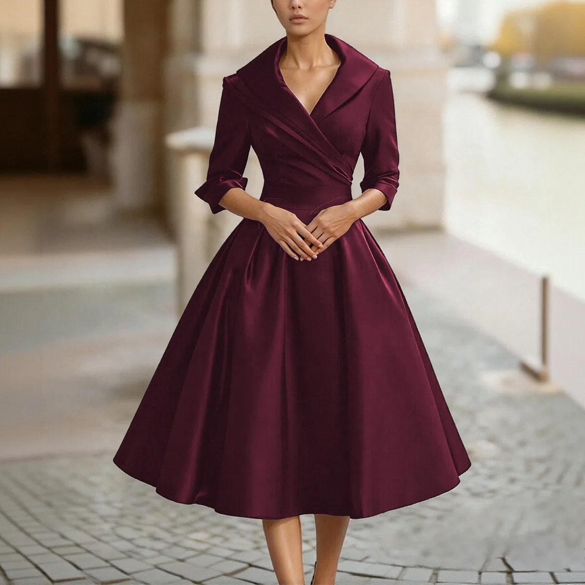 2025 Vestito Vintage Anni 50 60 Stile Hepburn Intura Monopetto A-Line Ricamo Manica Lunga Abiti con Scollo V Midi Vestito da Cocktail Banchetto Formale Ufficio per Matrimoni, Cerimonia
