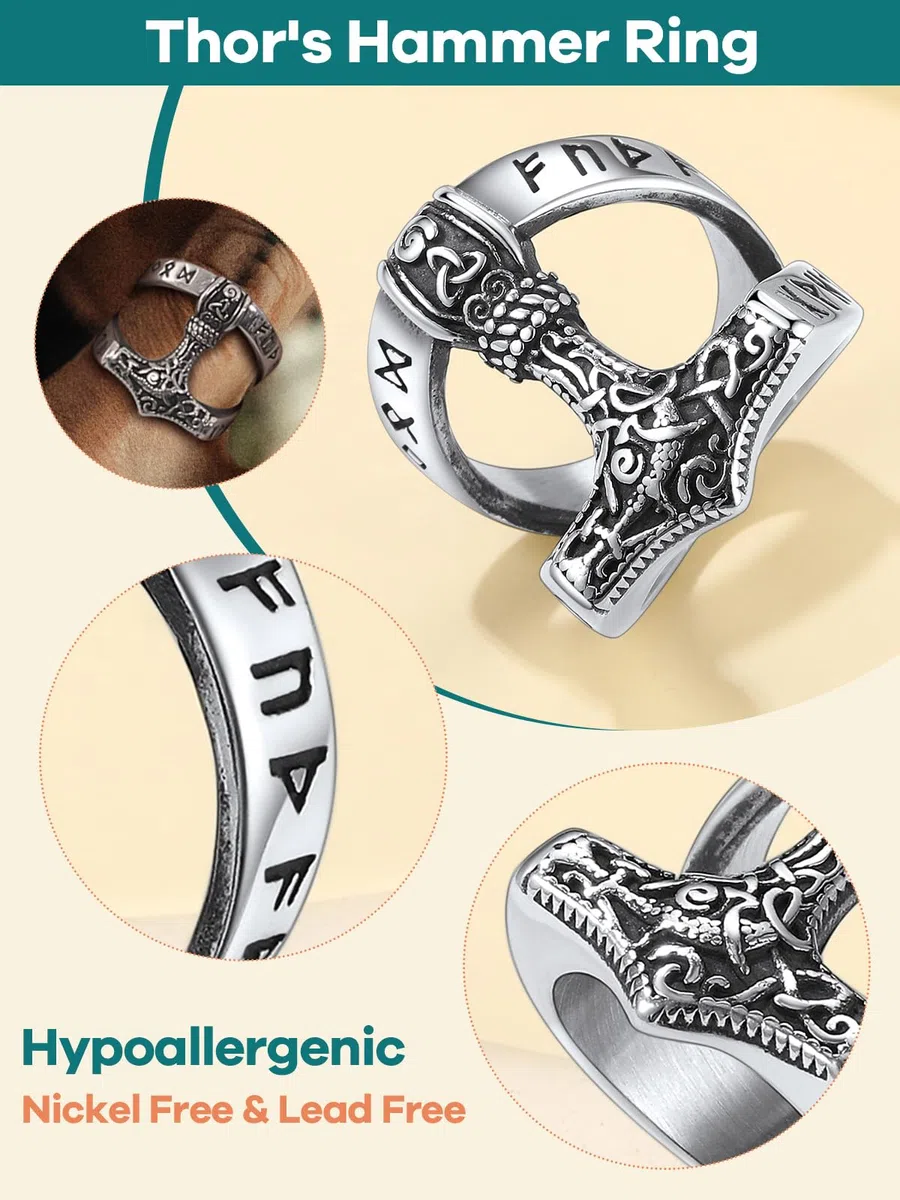 Supcare Anello Acciaio Uomo con Martello di Thors, Anelli Vichighi Argento/Nero a Fascia con Nodo Celtico, Anello di Dichiarazione Vintage con MIsura 14,5-32, Idee Regalo.