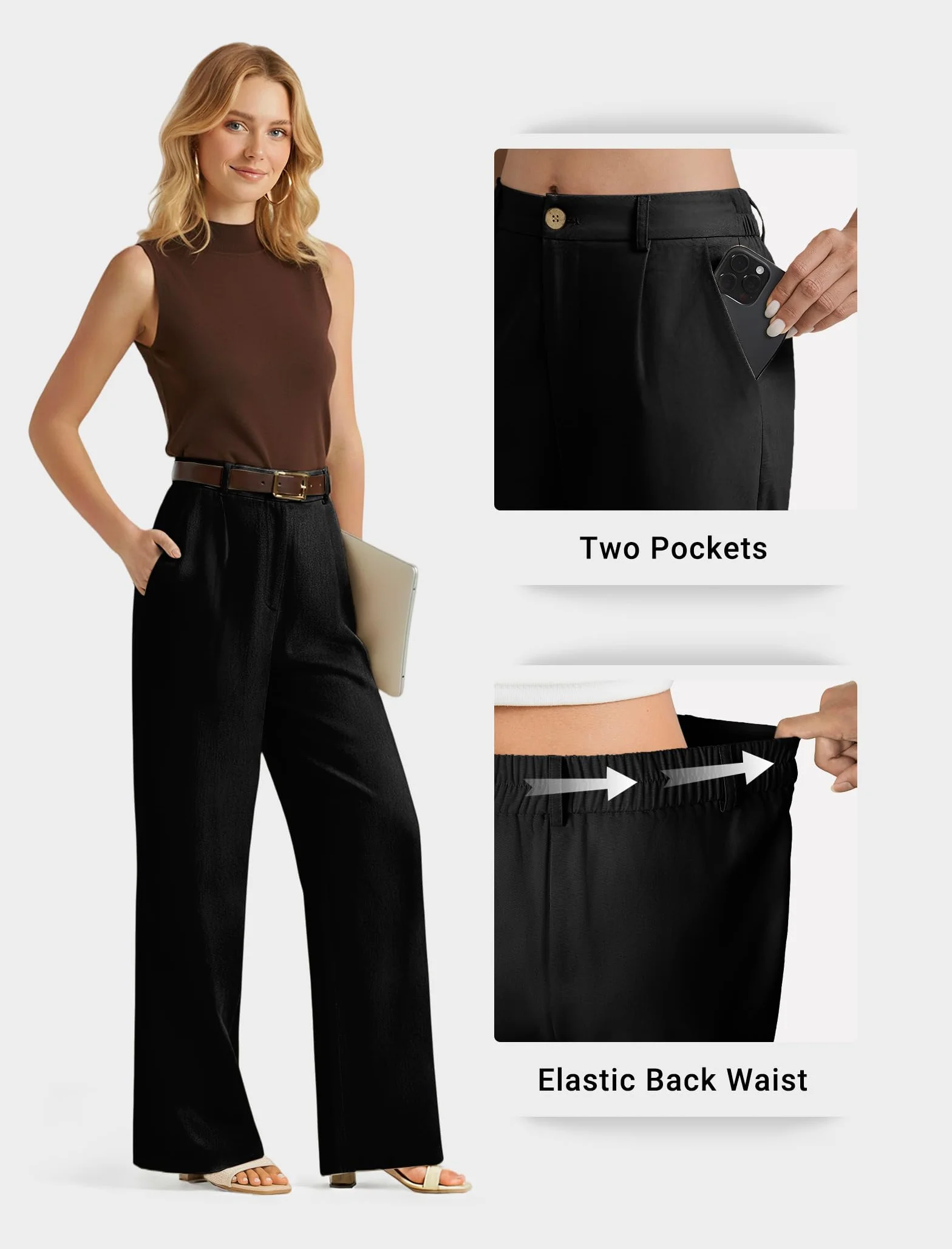 Enmain Pantaloni Lino Donna Ufficio Pantaloni Gamba Larga Vita Alta Casual Cotone Estivi Pants con Tasche