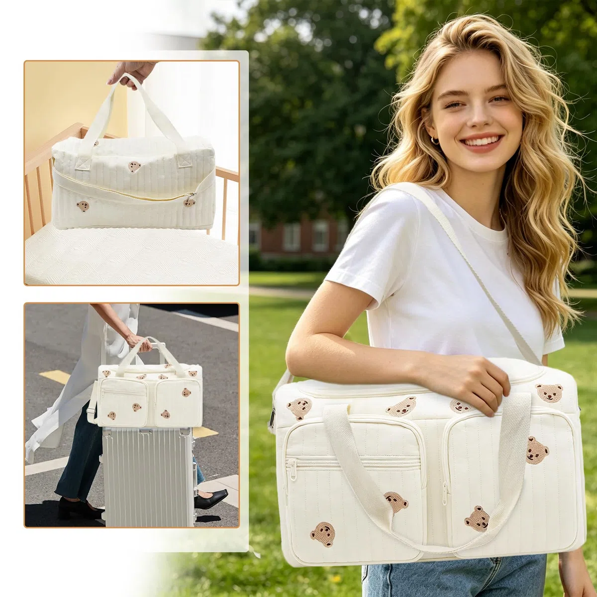 Borsa Parto Ospedale Mamma, Fasciatoio e Organizer Passeggino, Cambio Neonato Capiente, Borsa Mamma Multiuso in Cotone con Ricamo, 48 × 22 × 26 cm, per Ospedale, Viaggio e Pannolini