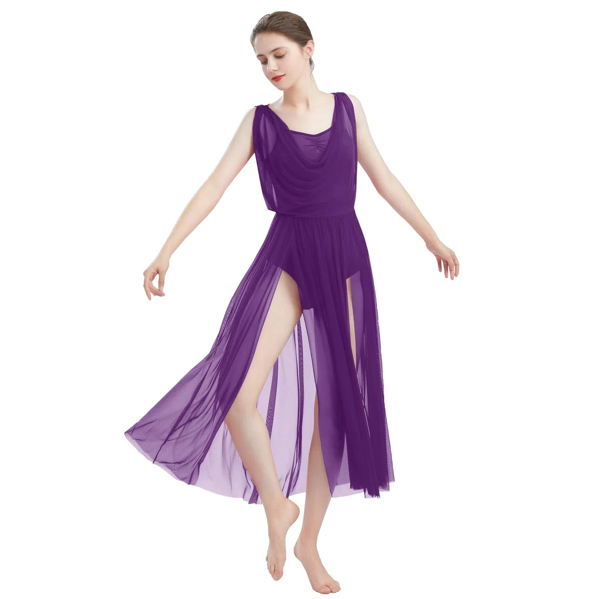 Donne Lirico Vestito da Ballo di Balletto Senza Maniche Body da Ginnastica Senza Schienale con Gonna in Tulle a Fette Costume da Danza Moderno Contemporaneo