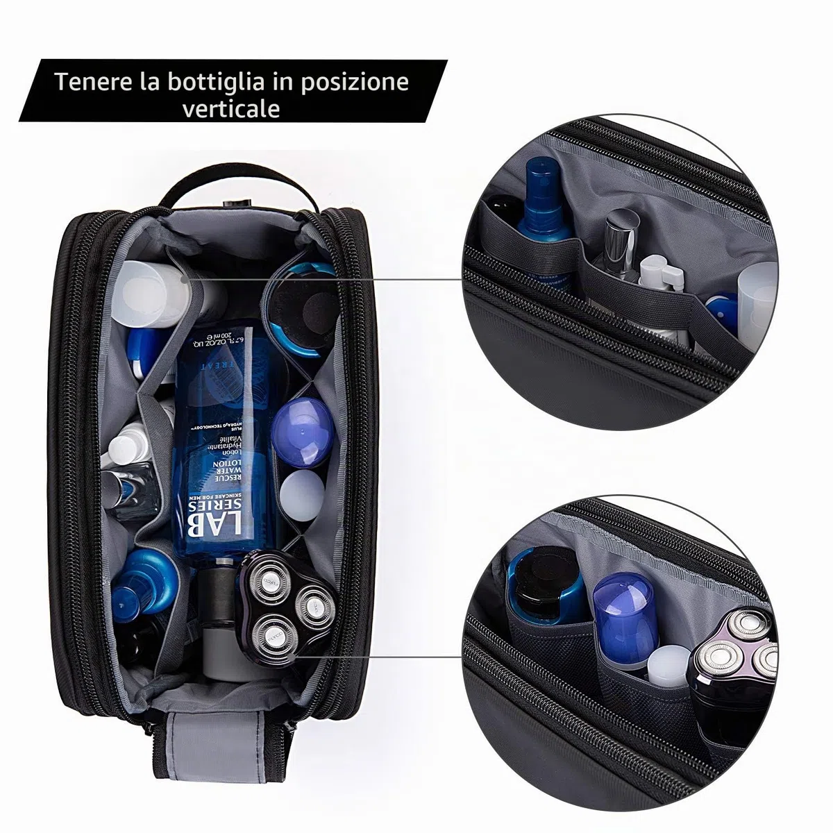 BAGSMART Beauty Case da Viaggio Uomo Donna, Borsa da Toilette con Doppia Apertura A Cerniera, Borsa per Cosmetici, 5 L, Pellicola in Pelle Nera
