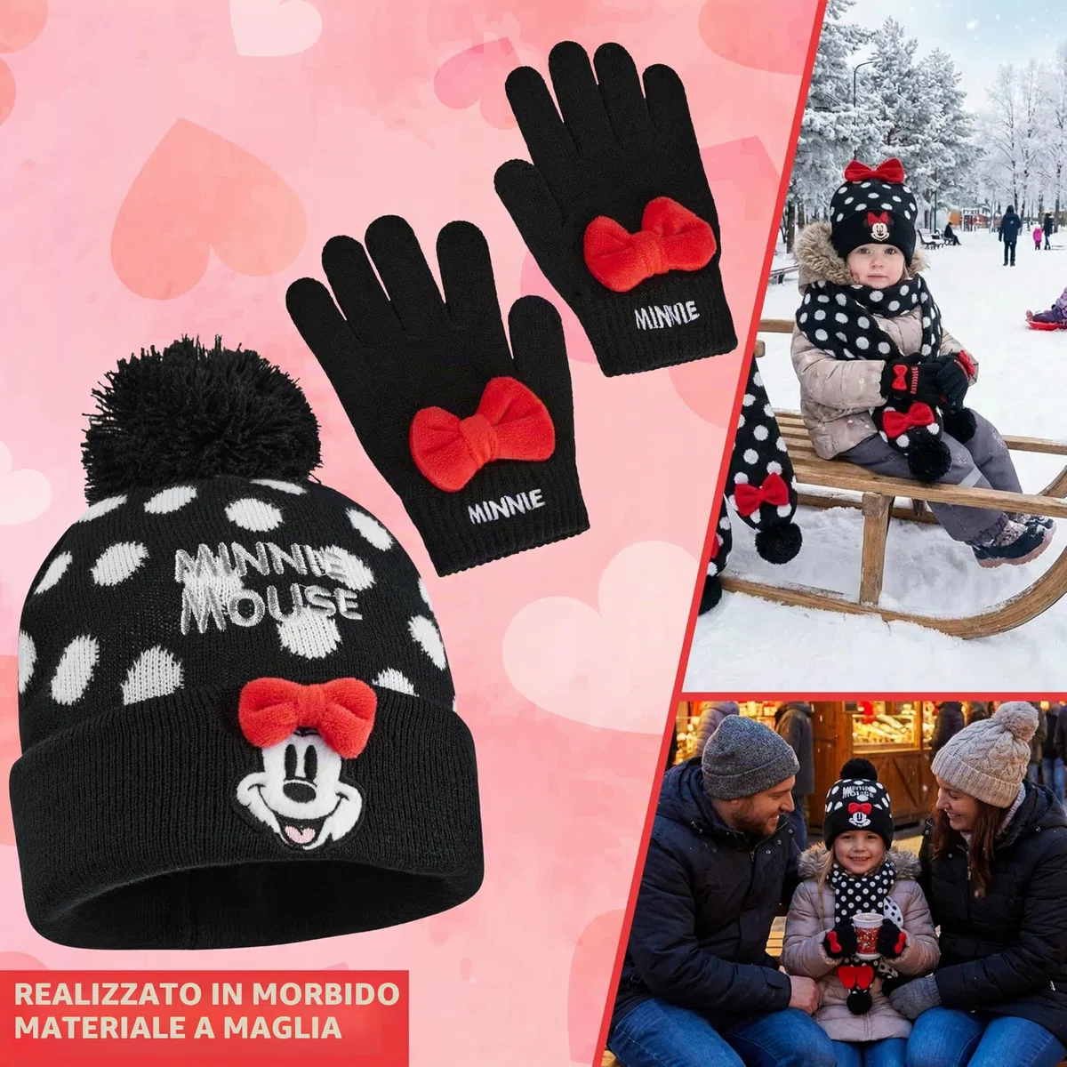 Disney Minnie Mouse Berretto, Sciarpa e Guanti Bambina, 3 Pz Maglia a Pois Accessori Invernali, Regalo Ragazza