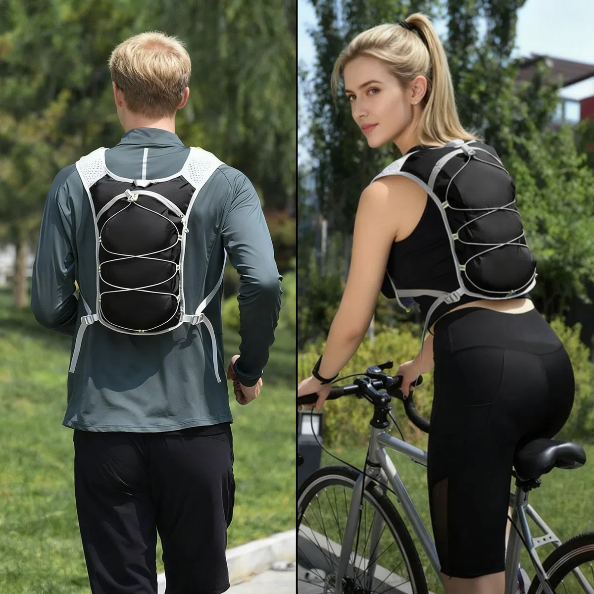 Gilet da corsa per donne e uomini, leggero, con sacca d'acqua da 2 l, per escursionismo, corsa, jogging, ciclismo, corsa, maratona, nero