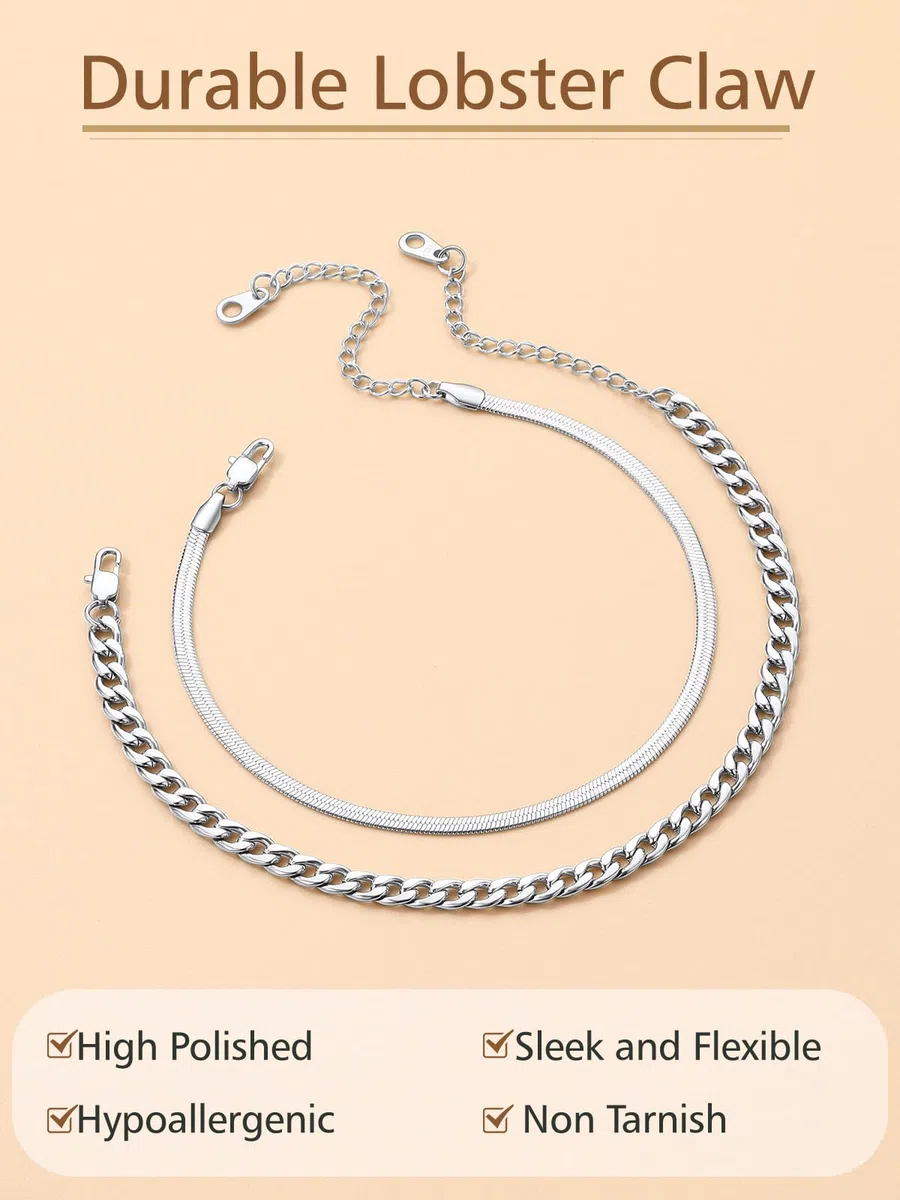 FindChic Set di Cavigliere Donna 2/3 Pezzi in Acciaio Inossidabile Impermeabile Argento/Oro/Nero a Catena Cubana Serpente Zirconia Cuore Gioielli Estate