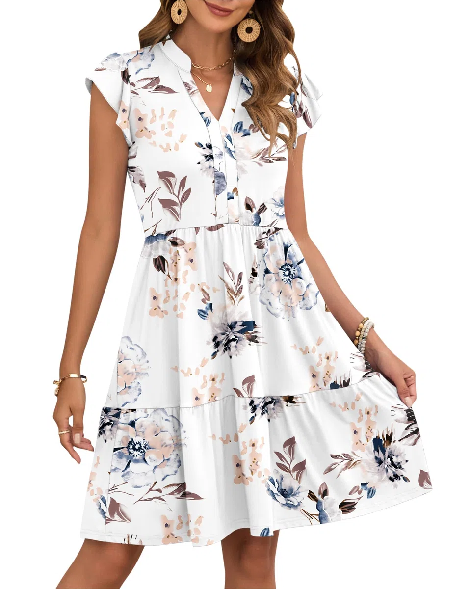 AUSELILY Vestito Donna Estivo con Scollo a V Maniche a Volant Mini Abito Vita Elastica Vestiti Casual con Tasche
