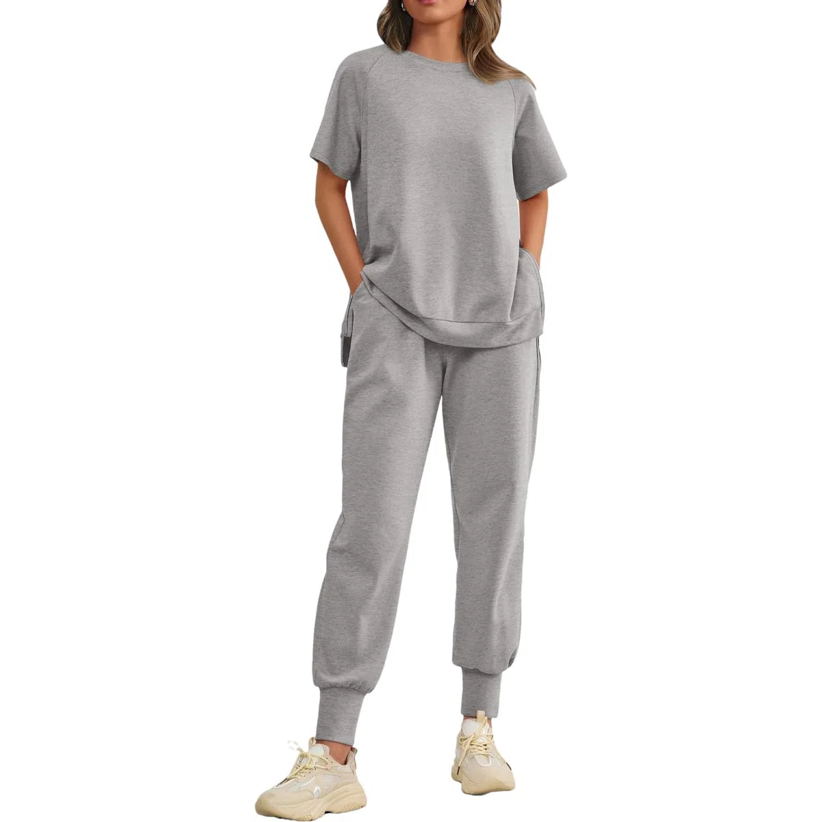 amropi Donna Sportiva Tuta Maniche Corte Maglietta con Spacchi e Pantaloni da Jogging Completo