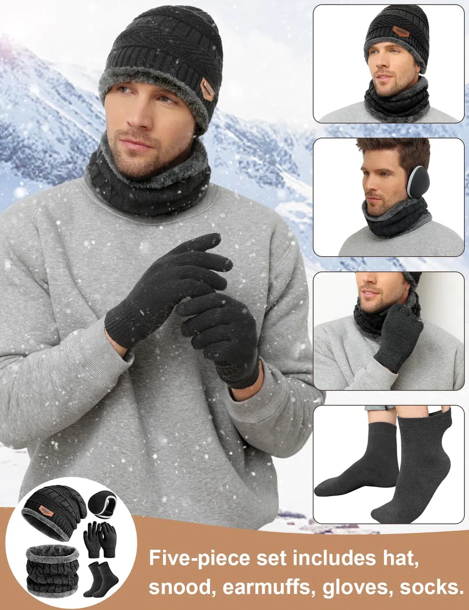 Xnova Cappello Sciarpa e Guanti Touch Screen Uomo con Scaldaorecchie e Calzini Invernale, Morbido Set Scaldacollo Berretto in Maglia 5 Pezzi Unisex, Caldo Cappelli Fodera Pile Invernali (Nero)