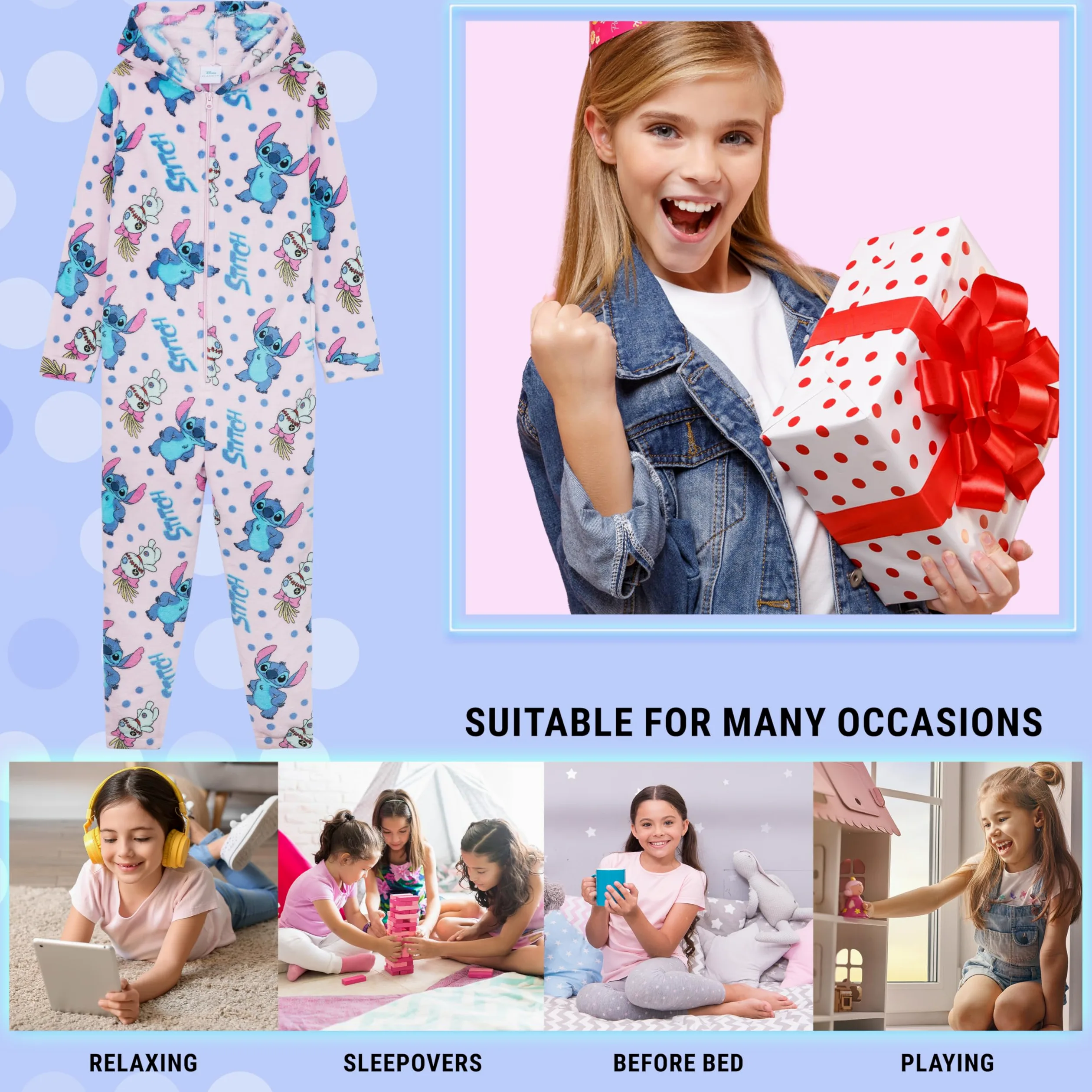 Disney Stitch Pile Pigiami Interi con Cappuccio Bambina, Accogliente Pigiama Set