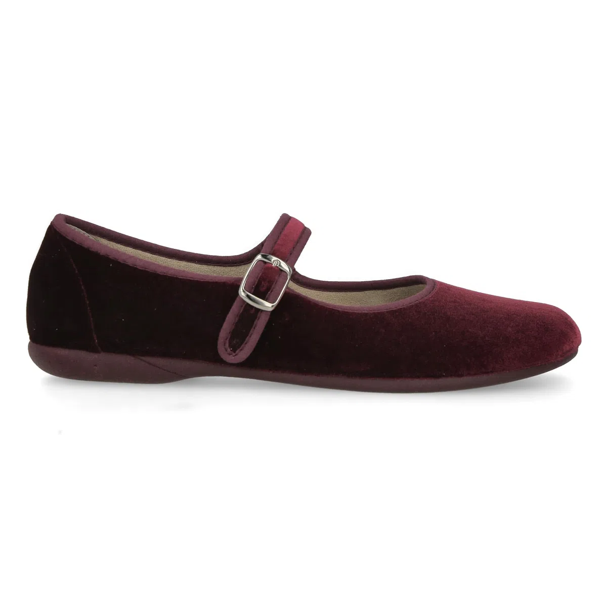 Mary Jane in Velluto da Donna. Ballerine Basse, Casual, Maryjane, Sandali Comodi. Prodotto in Spagna. Chiusura con Fibbia. Colore Nero e Bordeaux