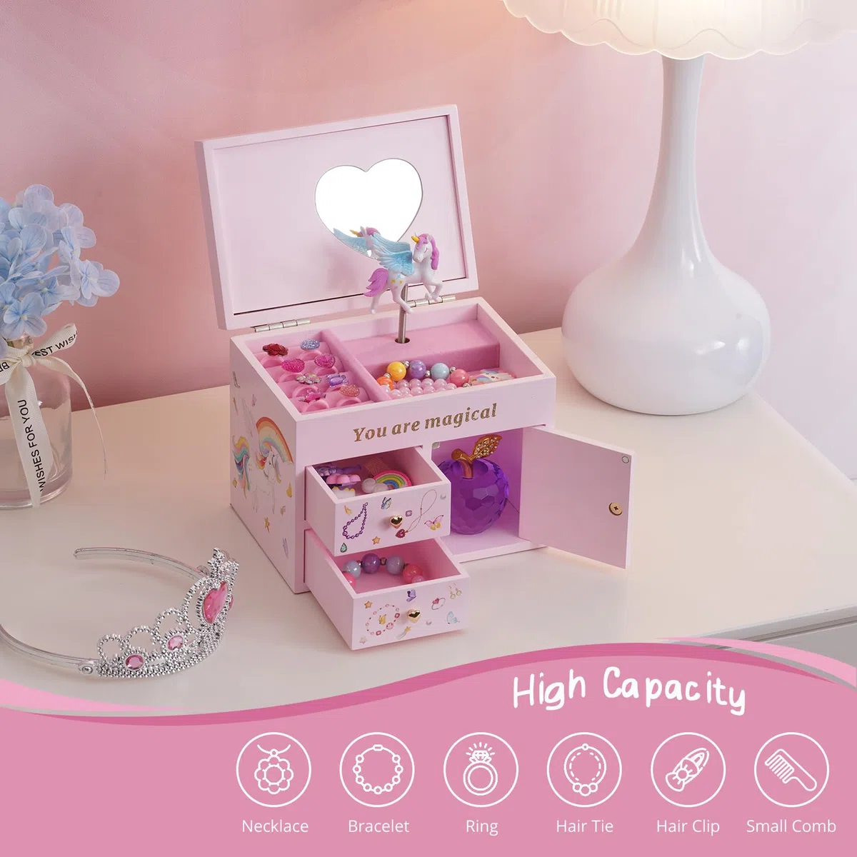 Lolalet Scatola di Gioielli in Legno con Unicorno per le Ragazze, Organizzatore di Gioielli per Bambini, Cassa di Gioielli per Collana Orecchini Bracciale Orologio Lipstick Anello -Rosa