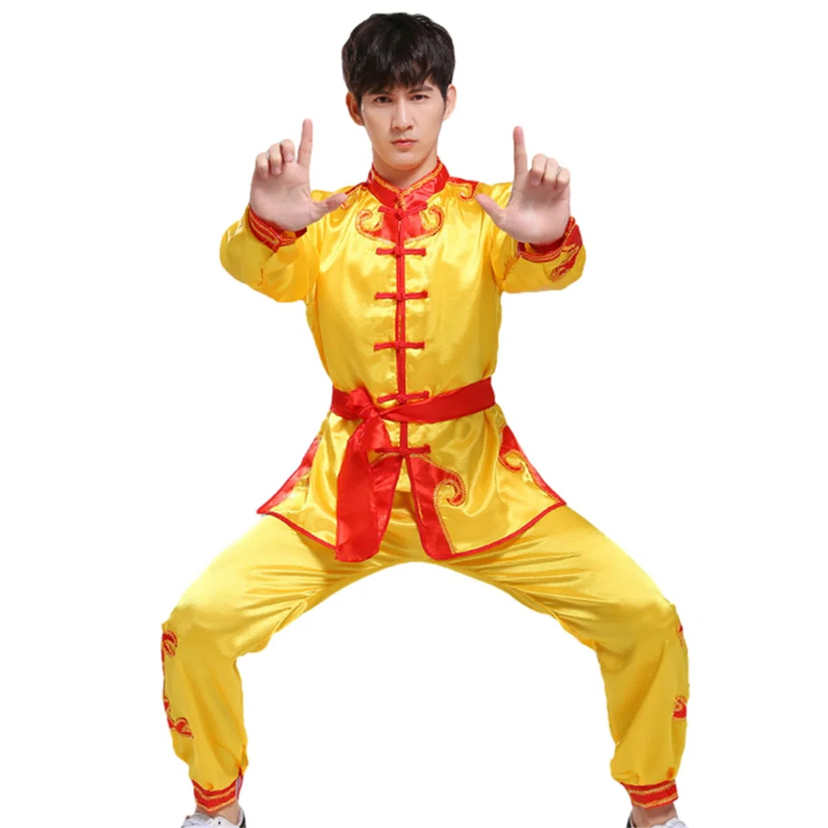 Completo da Kung Fu da uomo, per arti marziali cinesi, con camicia e pantaloni, costume tradizionale Tang, Giallo, X-Large