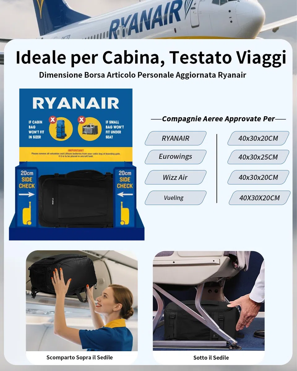 ECOHUB Zaino Ryanair 40x30x20 cm Leggero e 2 in 1, Zaino da Viaggio Pieghevole Sotto il Sedile, Bagaglio a Mano con Tasca Antifurto, Borsa da Cabina in Tessuto Riciclato per Uomo e Donna, Nero