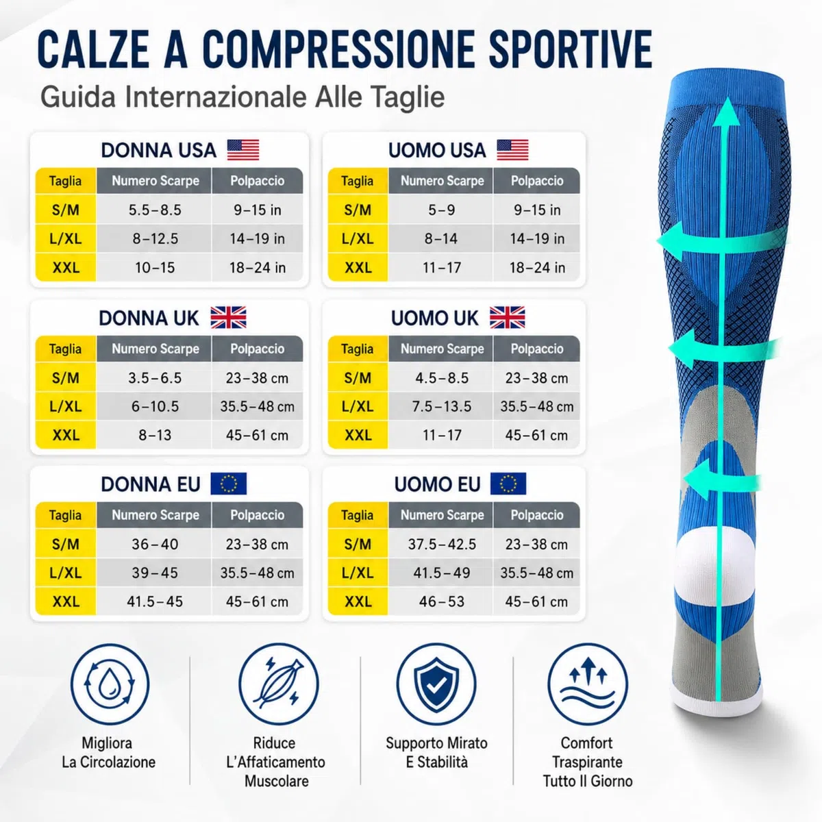 Calze Compressive Calze a Compressione 20 30 mmHg Calze Lipedema con Supporto Graduato per Sport Ciclismo e Viaggi