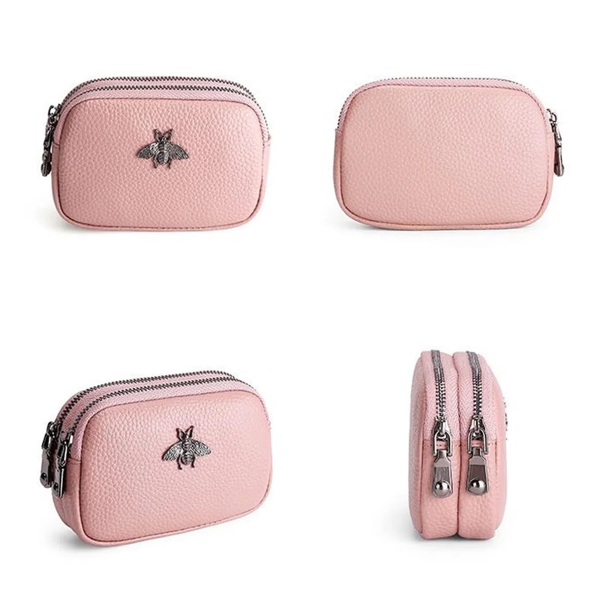 Portamonete da donna in vera pelle - Doppia cerniera Bee Change Pouch Portafoglio Porta carte Portamonete Mini Semplice portamonete carino